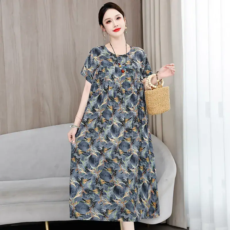 2023 New High-End Floral Cotton Silk Dress Women Summer Elegant Mother Belly Cover Plus Size - Image 45