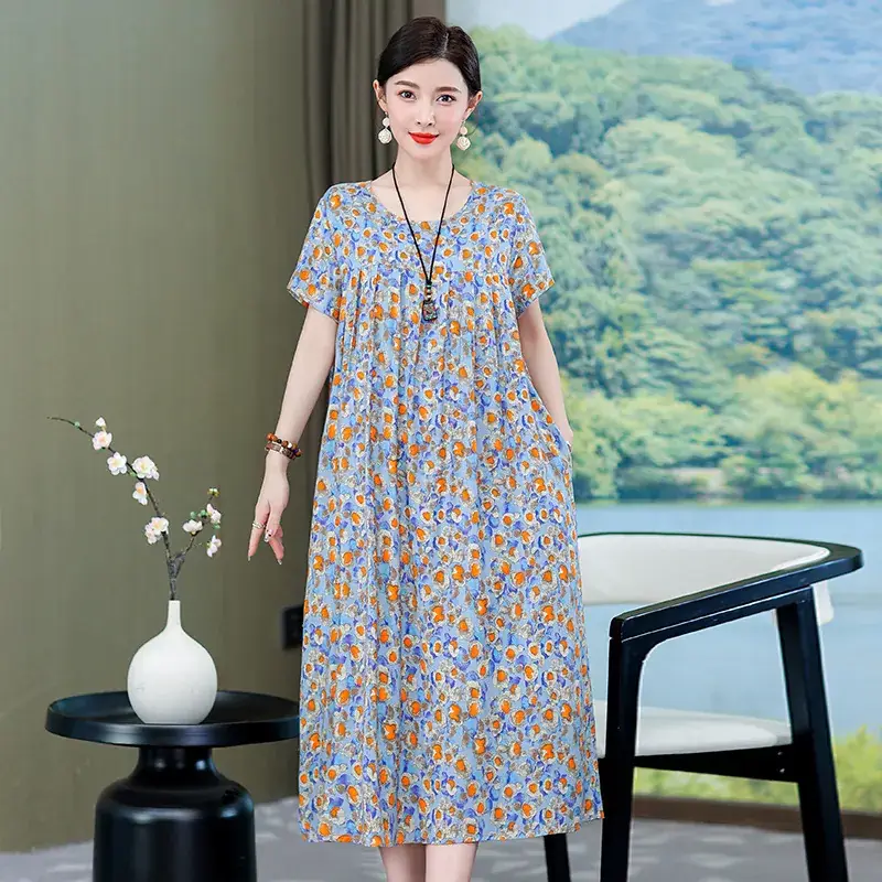 2023 New High-End Floral Cotton Silk Dress Women Summer Elegant Mother Belly Cover Plus Size - Image 5