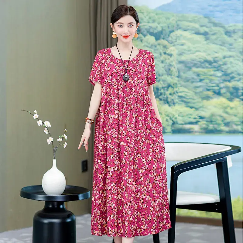2023 New High-End Floral Cotton Silk Dress Women Summer Elegant Mother Belly Cover Plus Size - Image 6