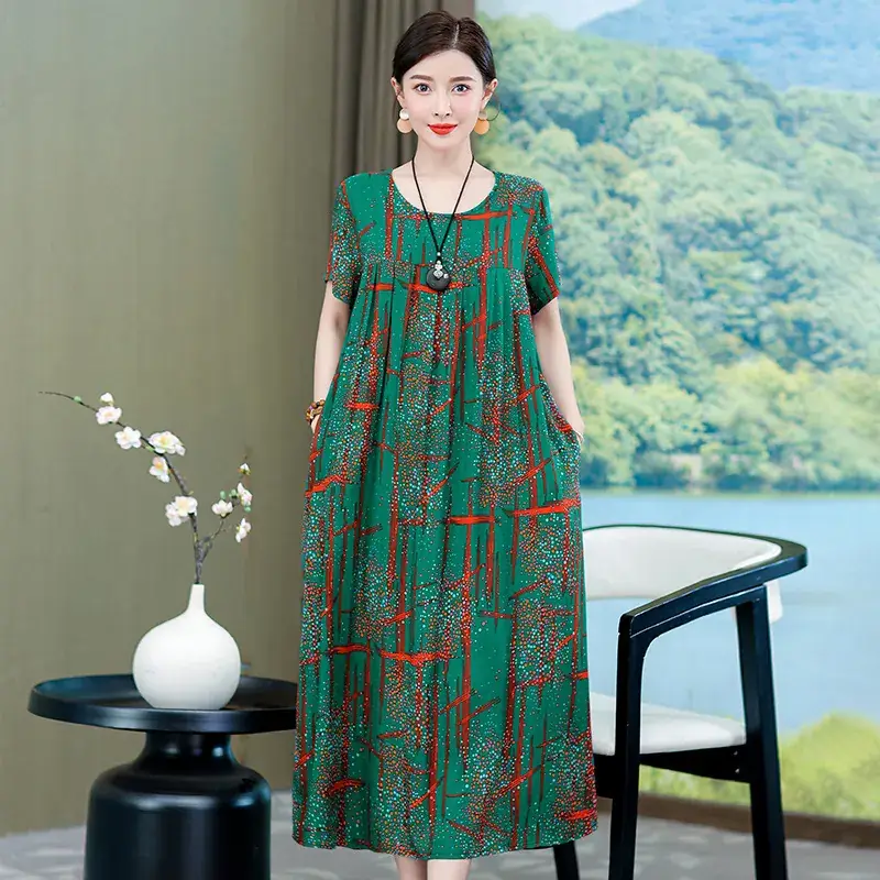 2023 New High-End Floral Cotton Silk Dress Women Summer Elegant Mother Belly Cover Plus Size - Image 7