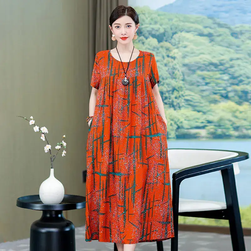 2023 New High-End Floral Cotton Silk Dress Women Summer Elegant Mother Belly Cover Plus Size - Image 8