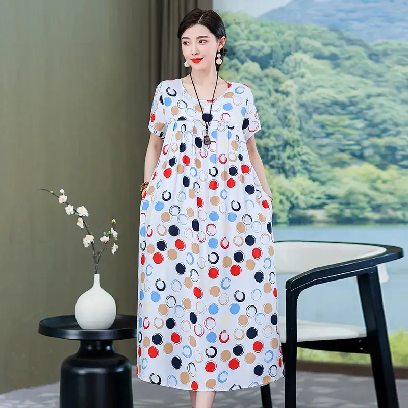 2023 New High-End Floral Cotton Silk Dress Women Summer Elegant Mother Belly Cover Plus Size - Image 9