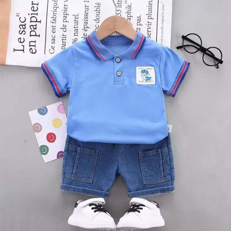 Baby Boys & Girls Polo Shirt Shorts Set White Blue - Image 3