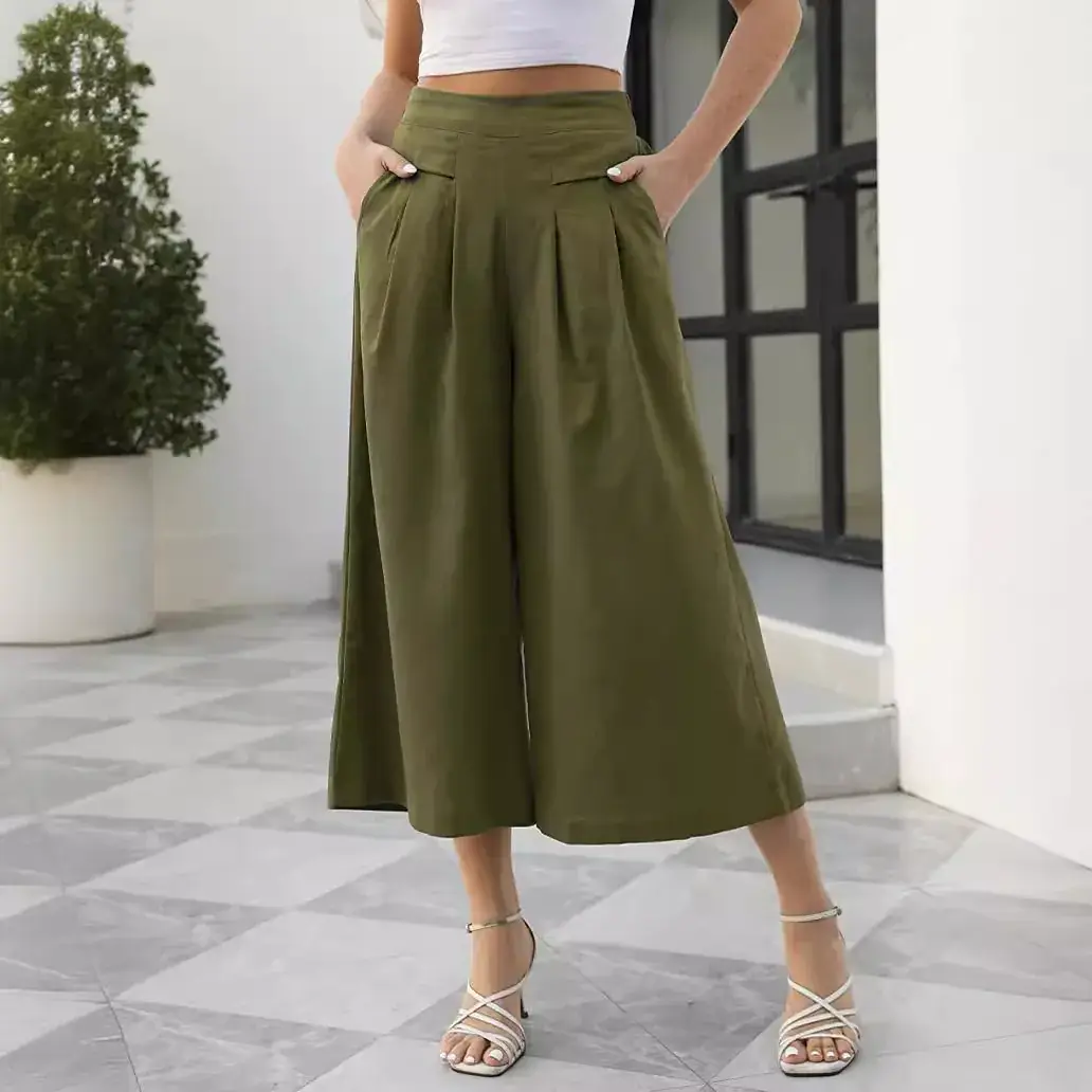 Women's Cotton Wide Leg Ankle Pants Brown 2023 - Image 6