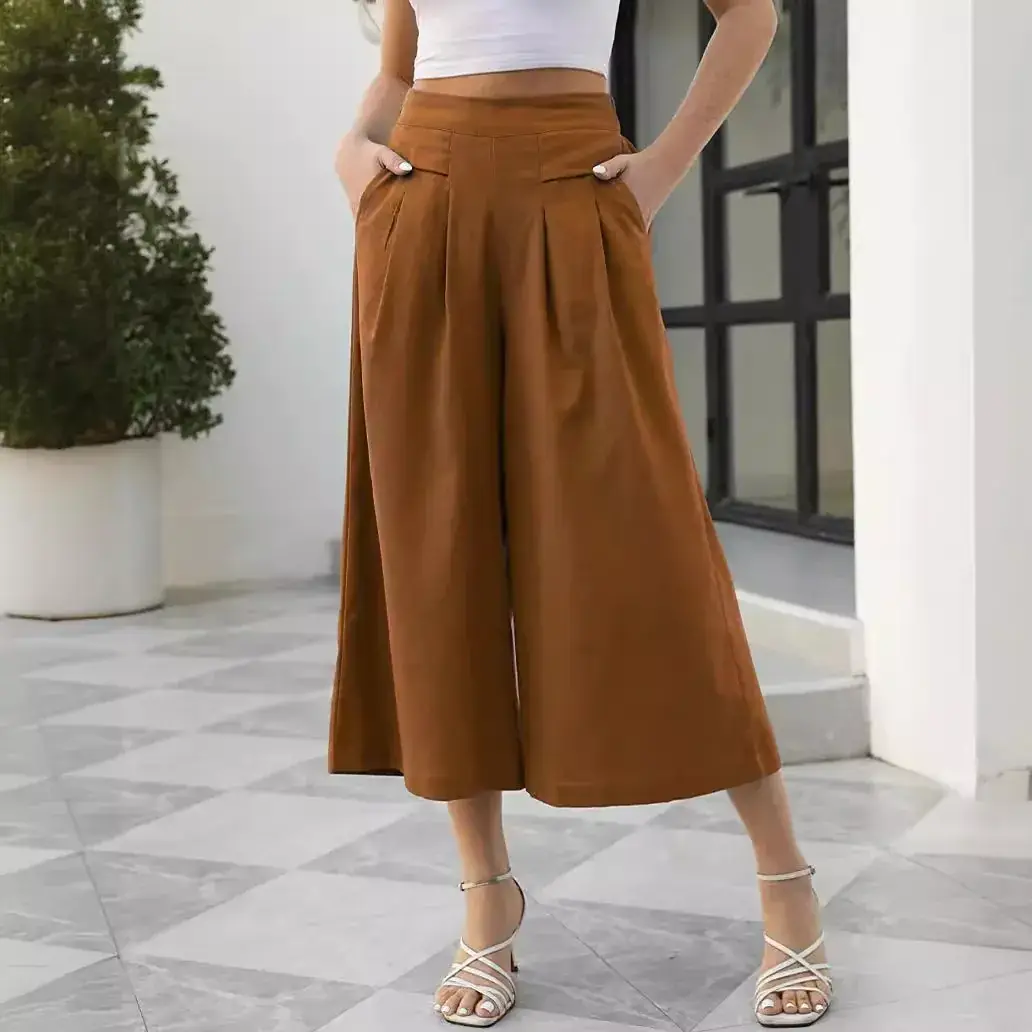 Women's Cotton Wide Leg Ankle Pants Brown 2023 - Image 7