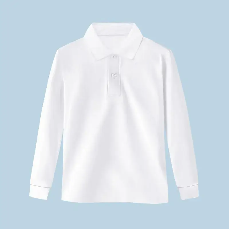 Children's White Polo T-Shirt Long Sleeve Cotton Lapel Base Shirt - Image 6