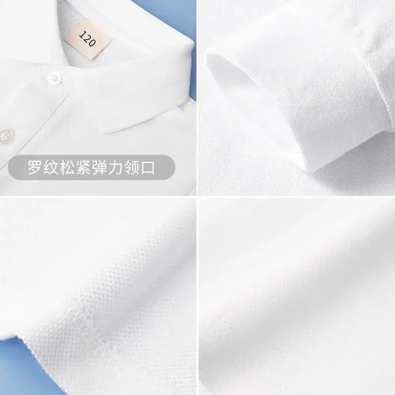 Children's White Polo T-Shirt Long Sleeve Cotton Lapel Base Shirt - Image 8