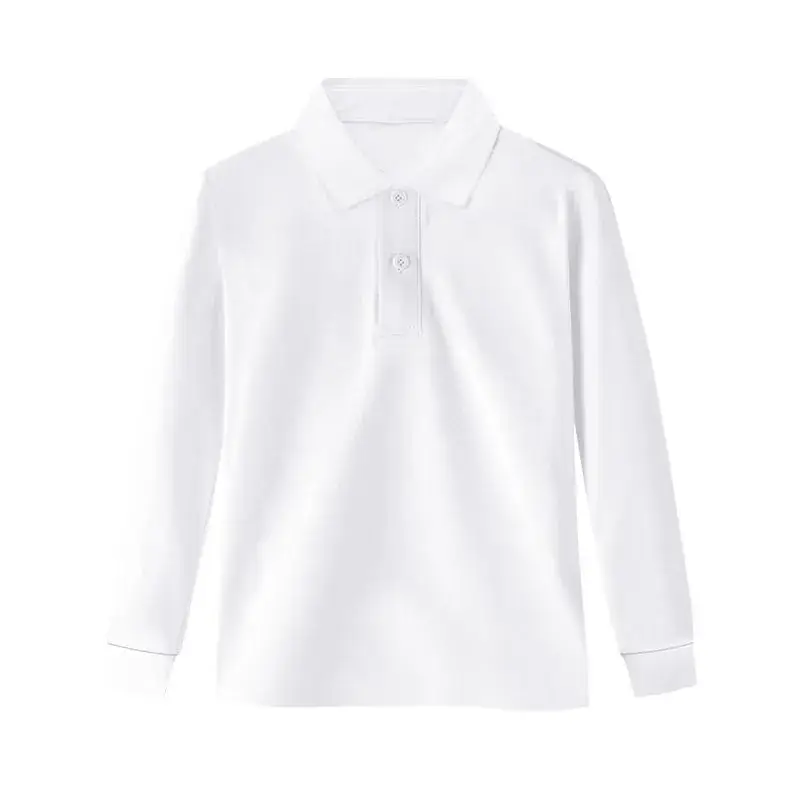 Children's White Polo T-Shirt Long Sleeve Cotton Lapel Base Shirt - Image 9