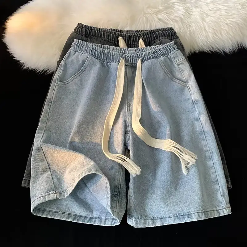 Denim Shorts Men Loose Fit Elastic Waist Grey - Image 4