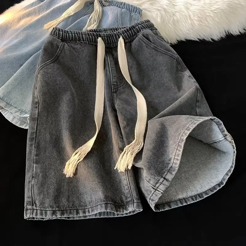 Denim Shorts Men Loose Fit Elastic Waist Grey - Image 5