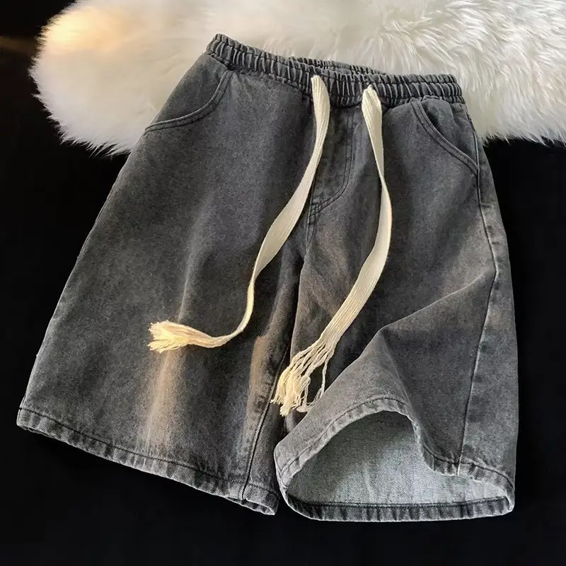 Denim Shorts Men Loose Fit Elastic Waist Grey - Image 6