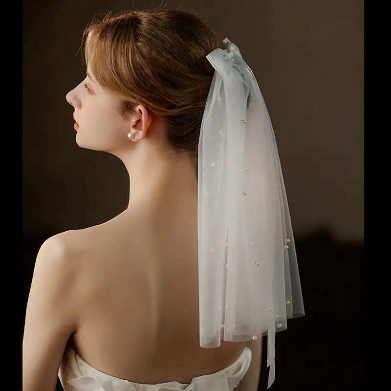 Short Pearl Bridal Veil Double Layer Retro White Bow - Image 3