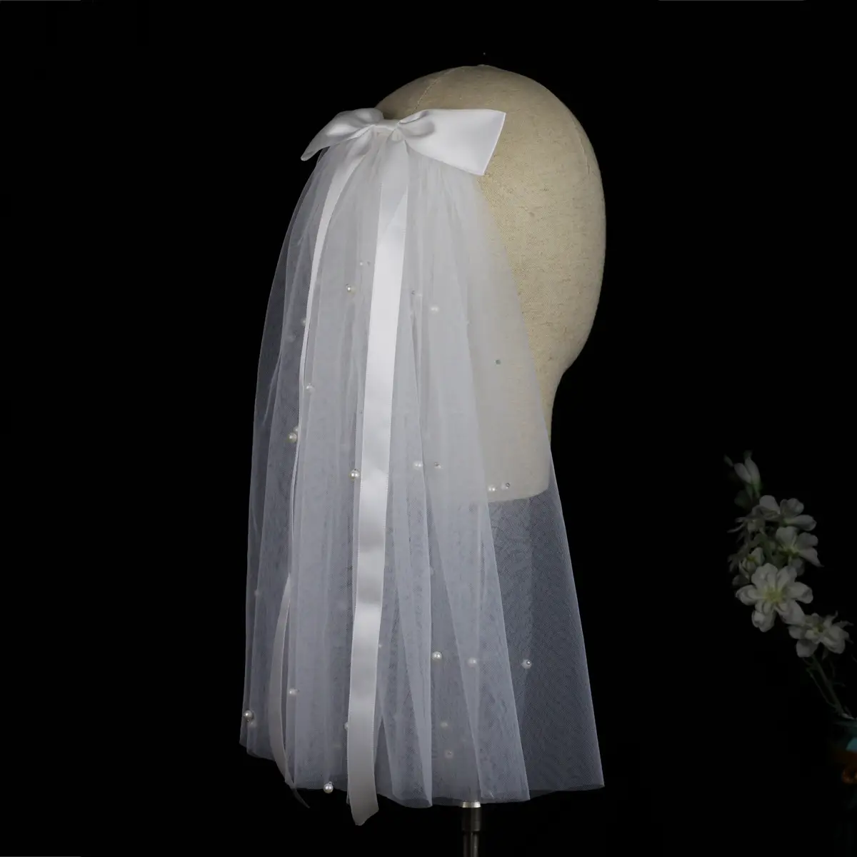 Short Pearl Bridal Veil Double Layer Retro White Bow - Image 4