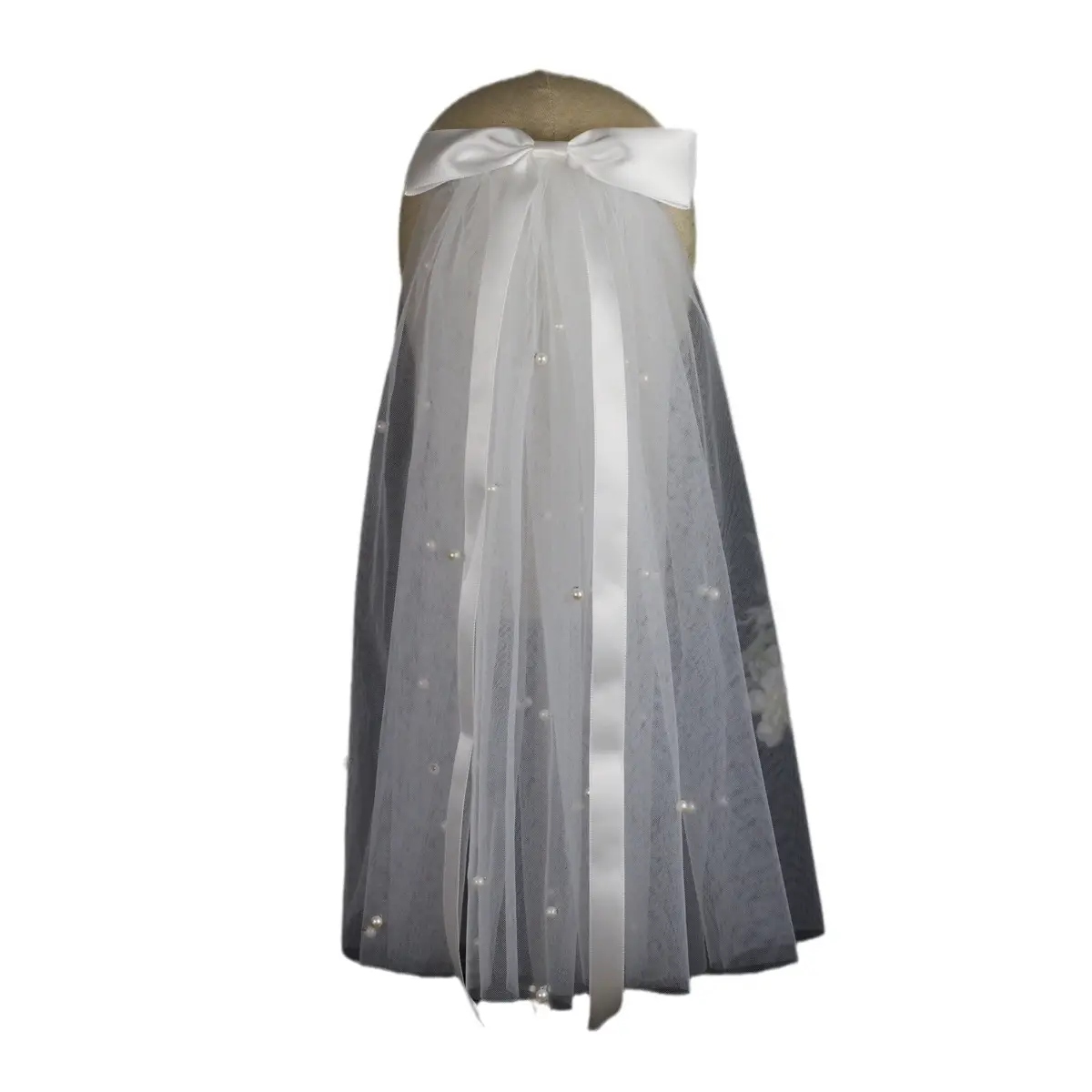Short Pearl Bridal Veil Double Layer Retro White Bow - Image 5