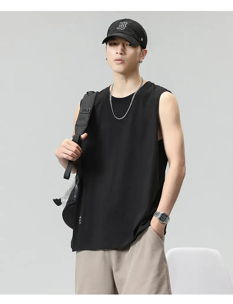 Men's Black Sleeveless Vest Heavy Cotton Summer Wear — feature 13