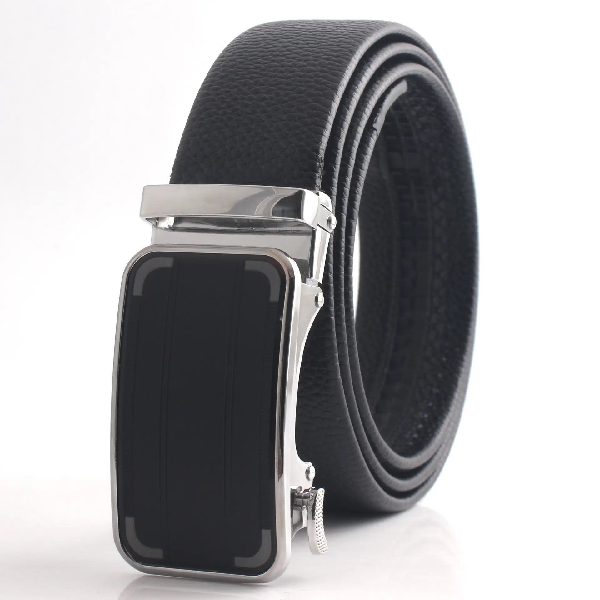 Men's Black Leather Belt with Chrome Buckle
