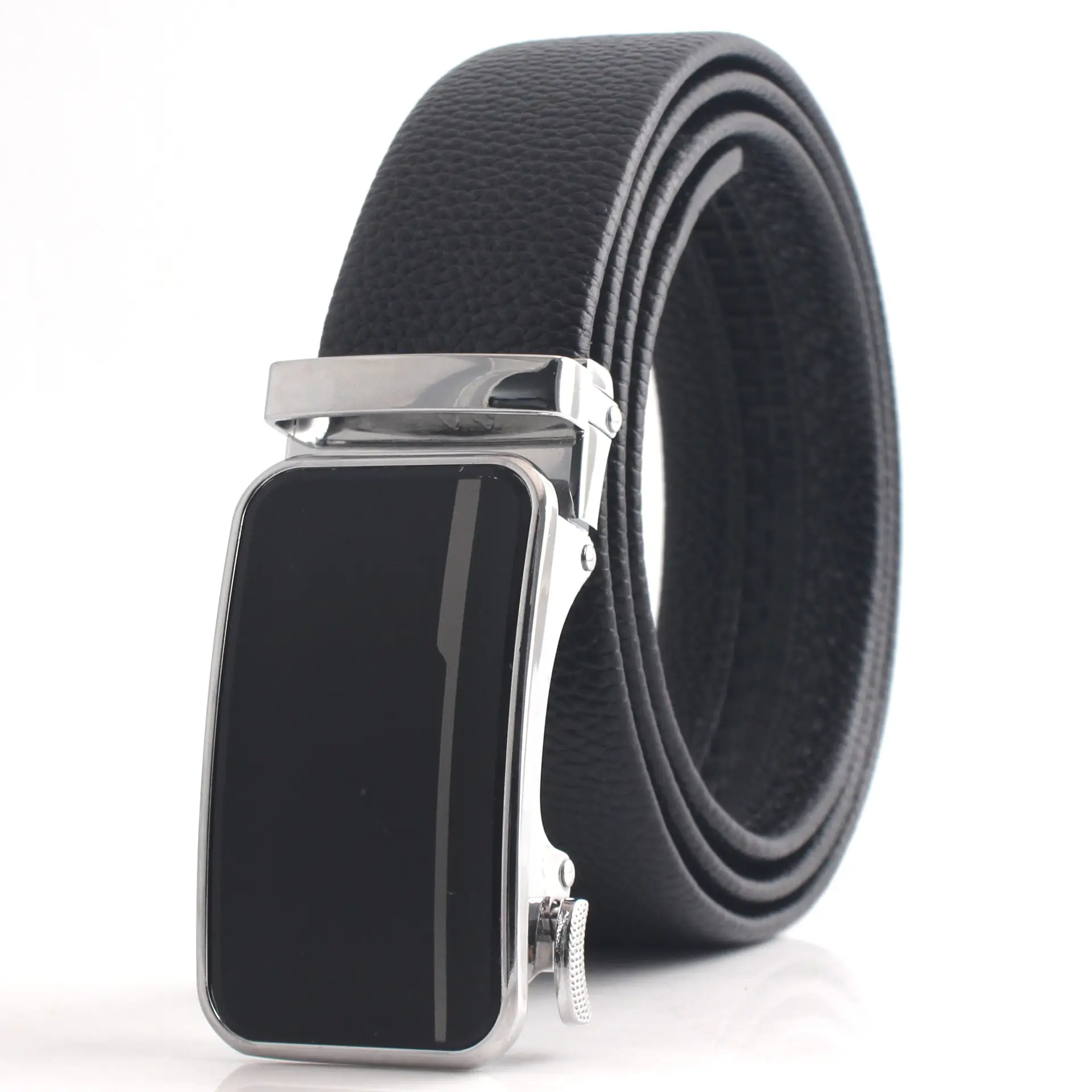 Men's Black Leather Belt with Chrome Buckle - Image 2