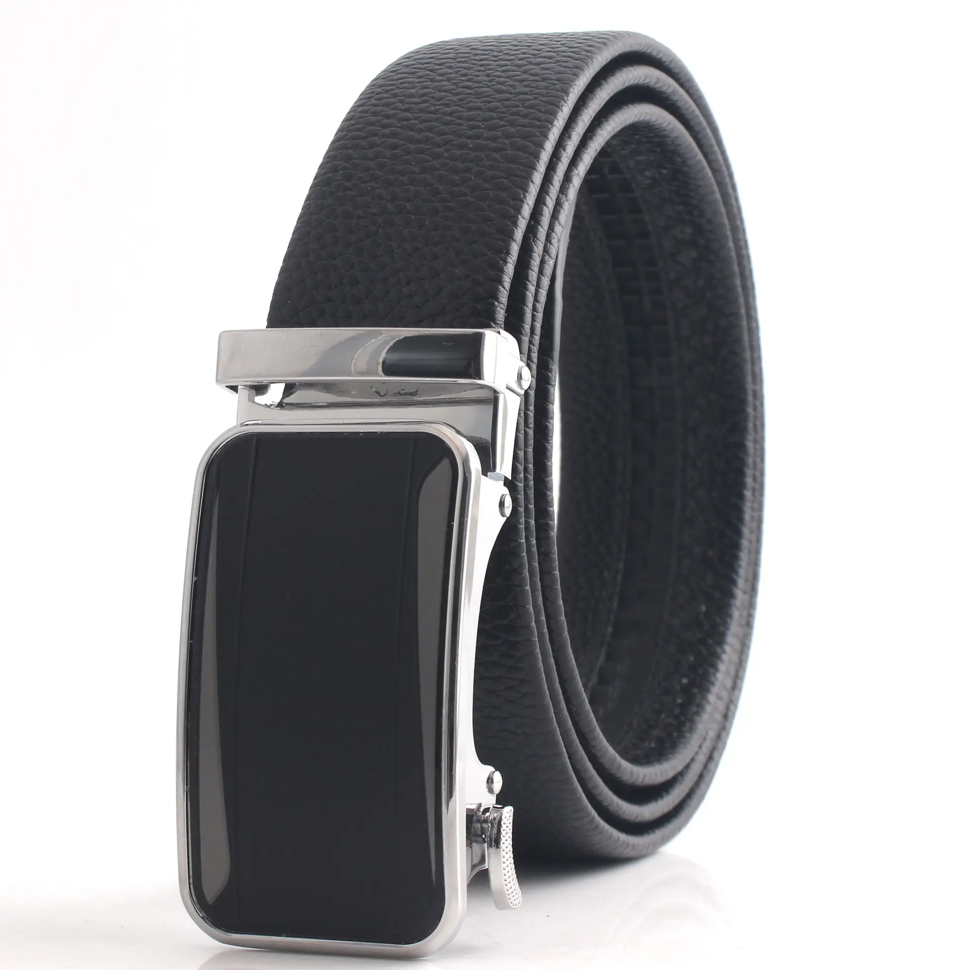 Men's Black Leather Belt with Chrome Buckle - Image 3