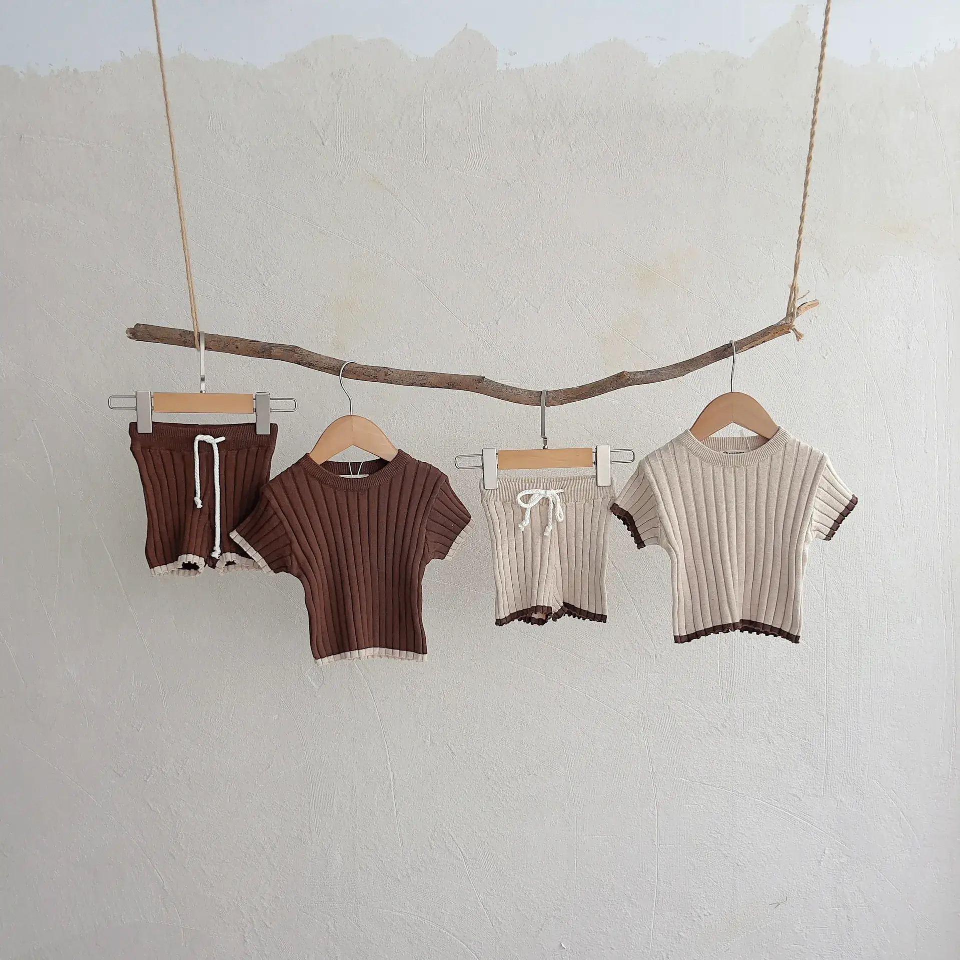 Baby Sweater Set Beige Striped Short Sleeve Casual Wear - Image 6