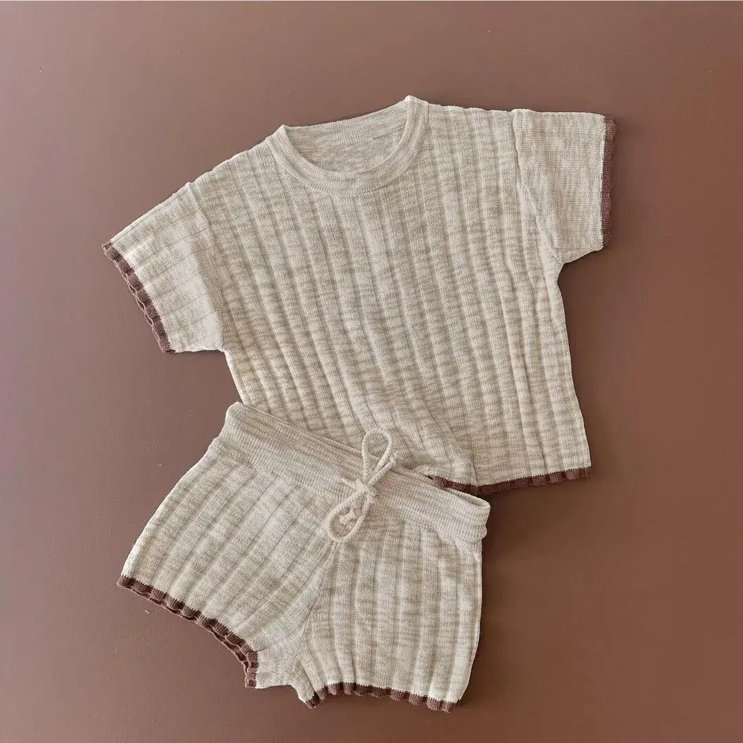 Baby Sweater Set Beige Striped Short Sleeve Casual Wear - Image 2