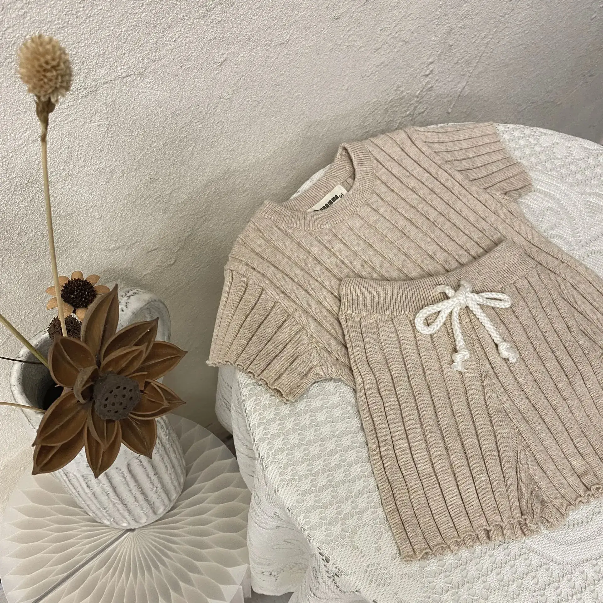 Baby Sweater Set Beige Striped Short Sleeve Casual Wear - Image 3