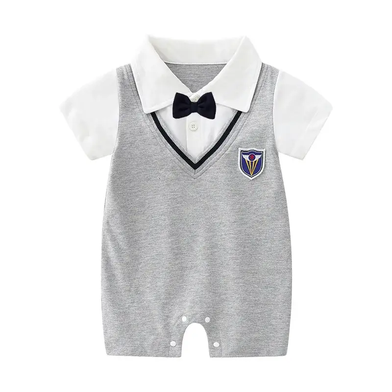 Baby Boys Gray Short Sleeve Jet Suit with Bow Tie - Image 2