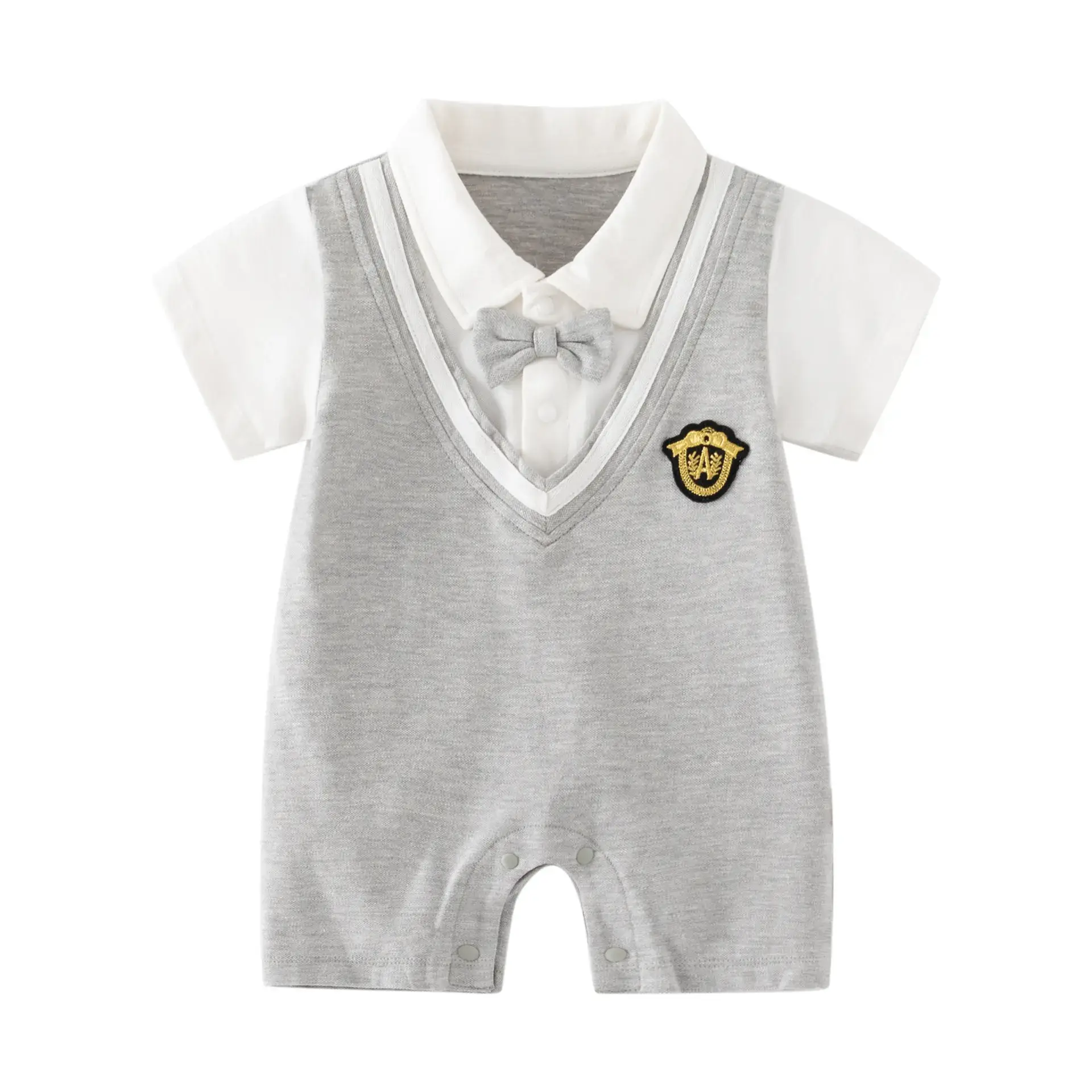 Baby Boys Gray Short Sleeve Jet Suit with Bow Tie - Image 7