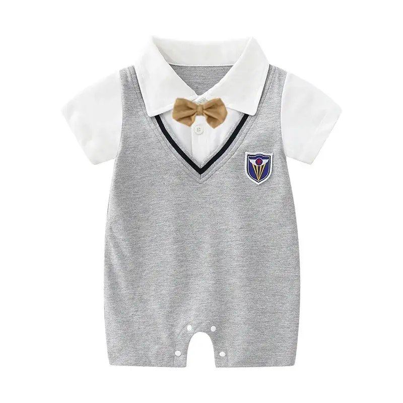 Baby Boys Gray Short Sleeve Jet Suit with Bow Tie - Image 3