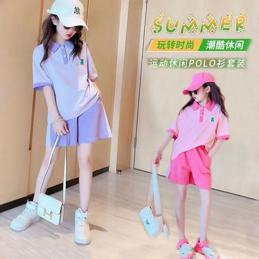 Summer Girls Pink Polo Shorts Set with Cap - Image 3