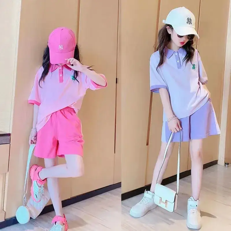 Summer Girls Pink Polo Shorts Set with Cap - Image 4