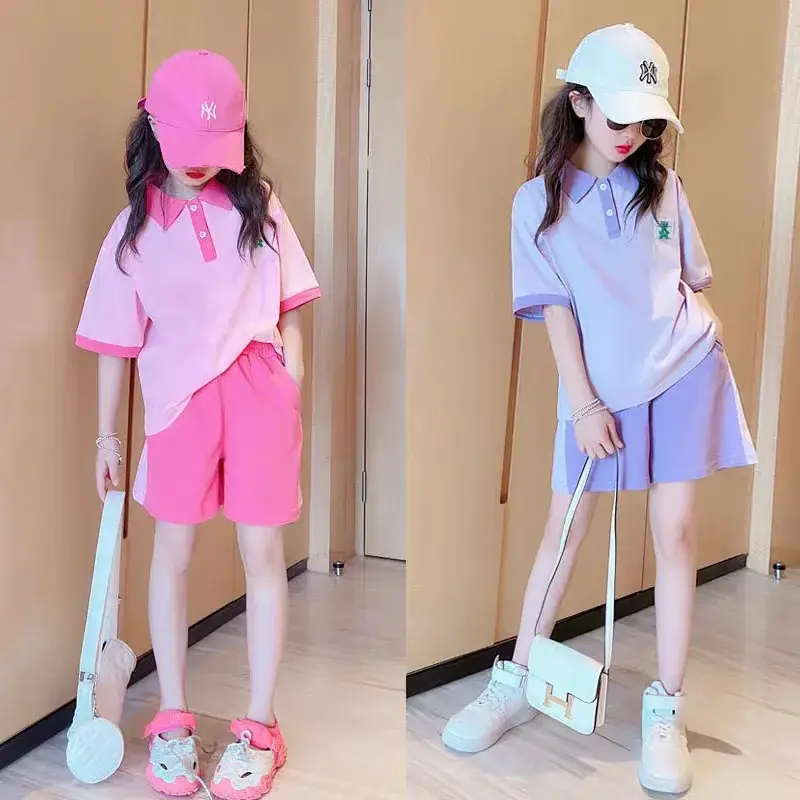 Summer Girls Pink Polo Shorts Set with Cap - Image 5