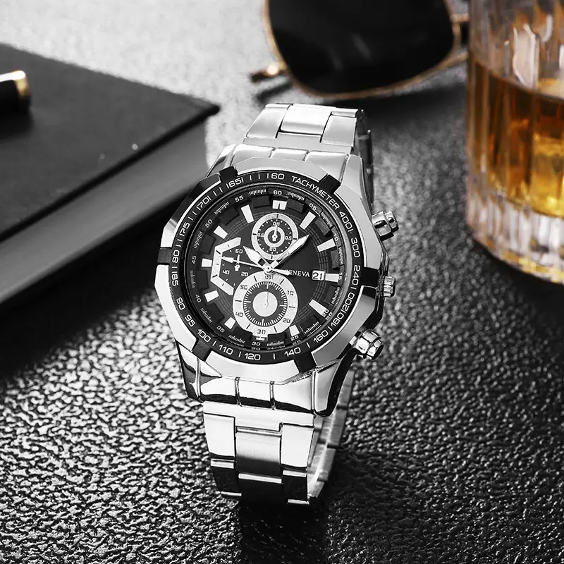 Men's Black Chronograph Quartz Watch with Steel Strap - Image 3