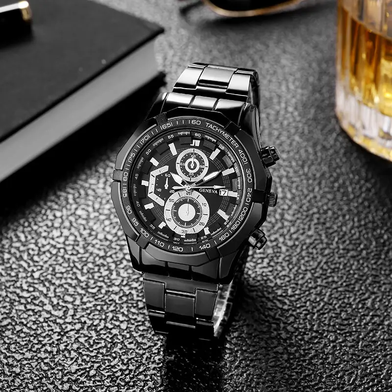 Men's Black Chronograph Quartz Watch with Steel Strap - Image 5
