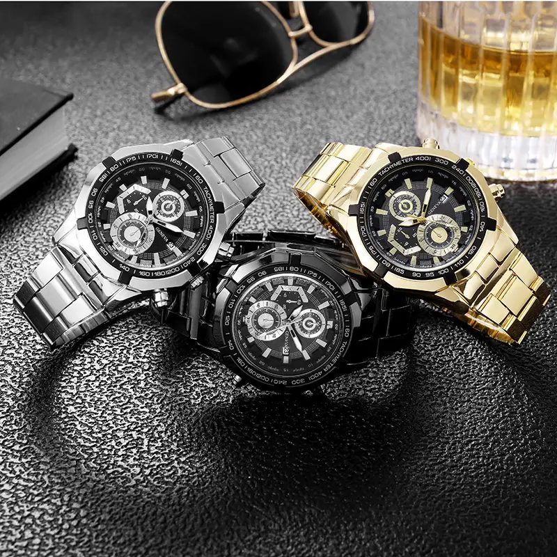 Men's Black Chronograph Quartz Watch with Steel Strap - Image 6