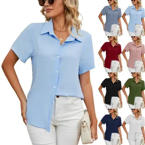 Women's Blue Short Sleeve V-Neck Shirt Top - Image 3