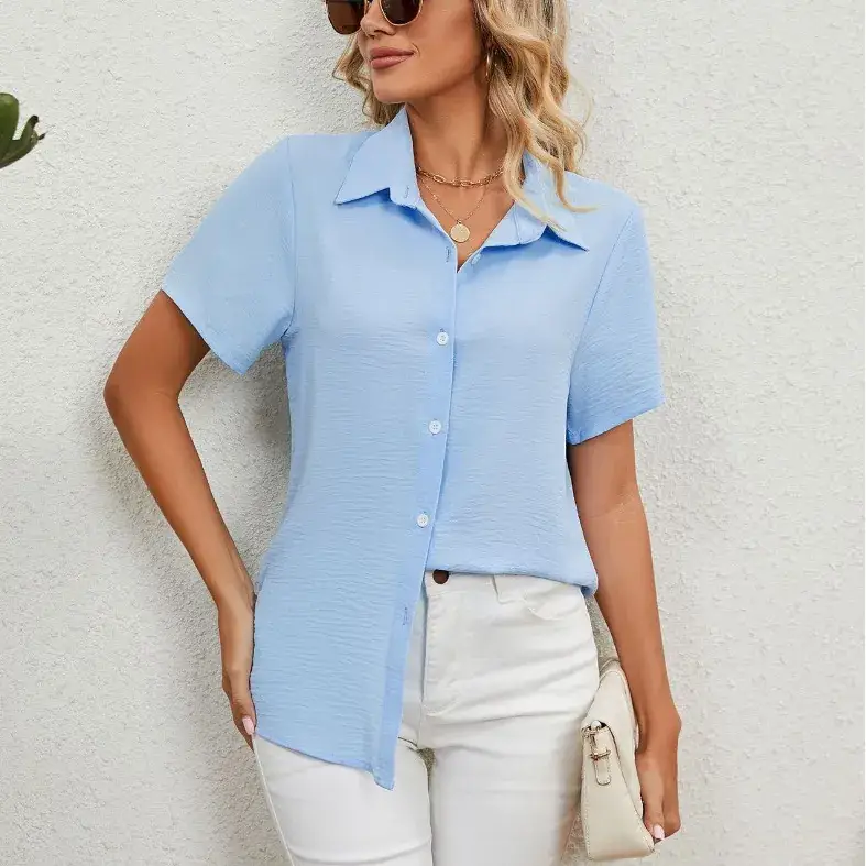 Women's Blue Short Sleeve V-Neck Shirt Top - Image 4