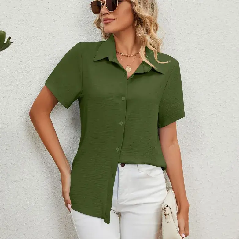 Women's Blue Short Sleeve V-Neck Shirt Top - Image 5