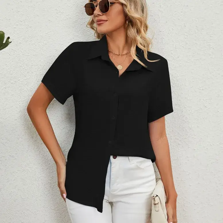Women's Blue Short Sleeve V-Neck Shirt Top - Image 6