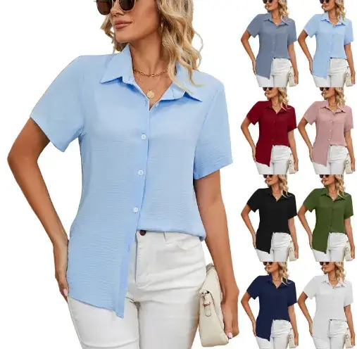 Women's Blue Short Sleeve V-Neck Shirt Top — feature 4