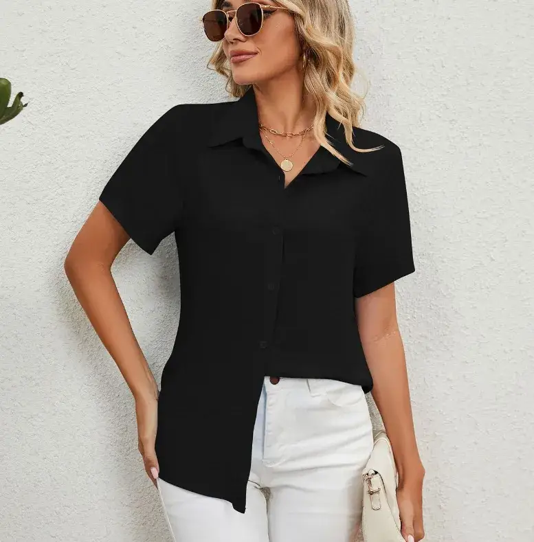 Women's Blue Short Sleeve V-Neck Shirt Top — feature 9