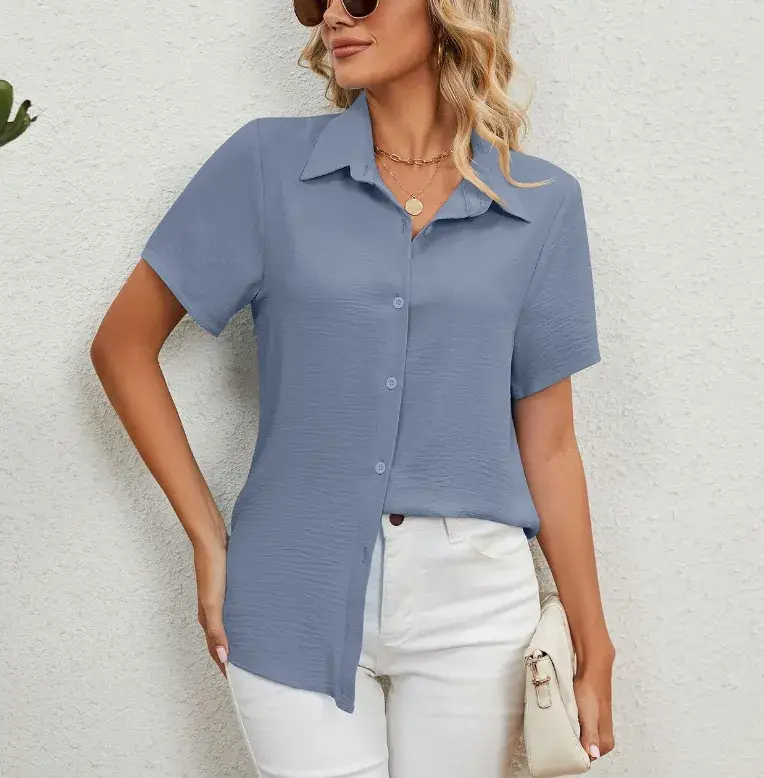 Women's Blue Short Sleeve V-Neck Shirt Top — feature 8