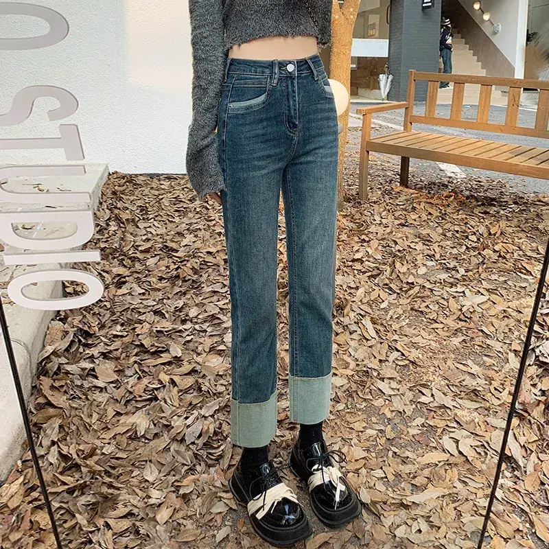 Stitching Design Flanging Jeans for Girls Slim Fit - Image 3