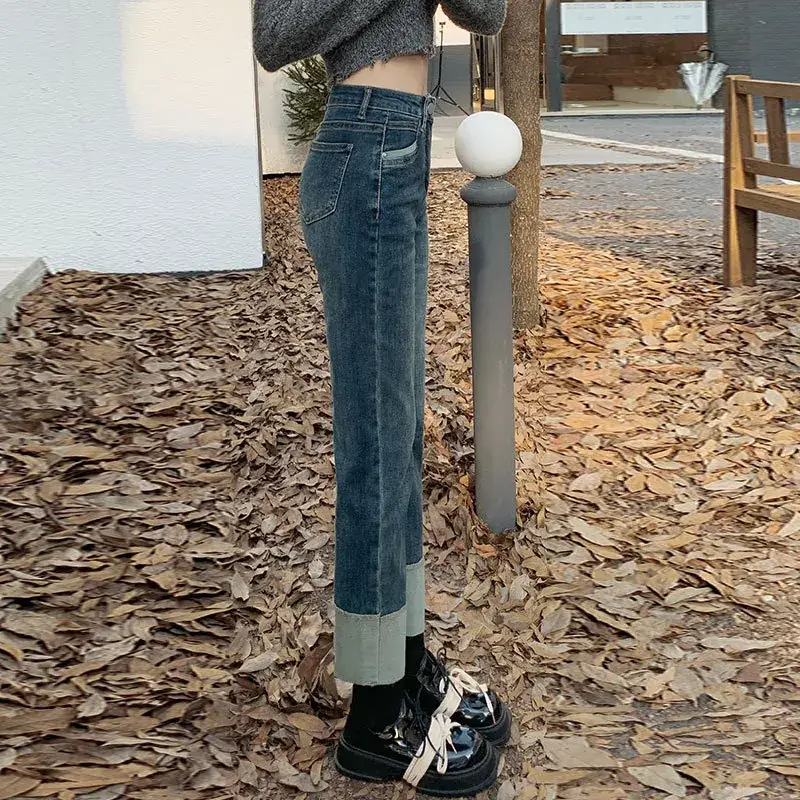 Stitching Design Flanging Jeans for Girls Slim Fit - Image 4