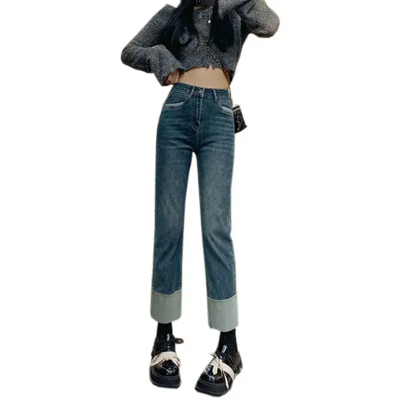 Stitching Design Flanging Jeans for Girls Slim Fit - Image 6