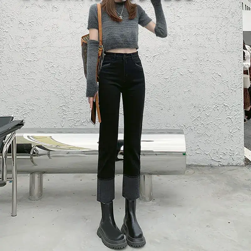 Stitching Design Flanging Jeans for Girls Slim Fit - Image 2