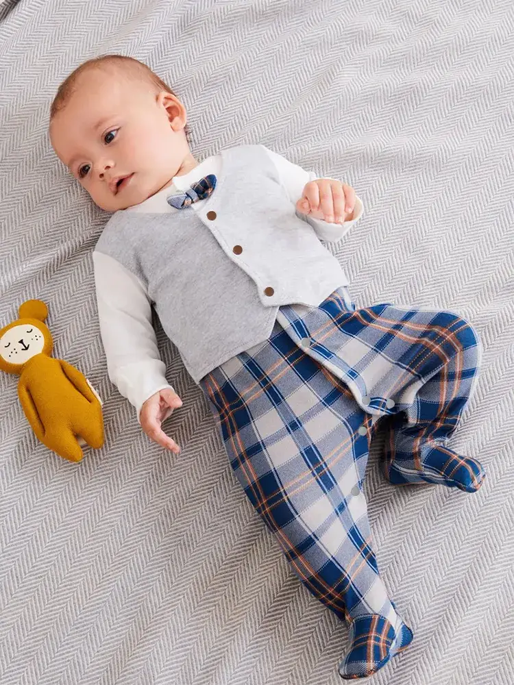 Newborn Baby Long Sleeve Suit Gray Plaid Pants
