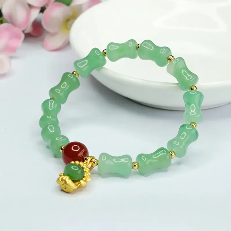 Guan Yu Natural Aventurine Bamboo Knot Bracelet Small Buddha