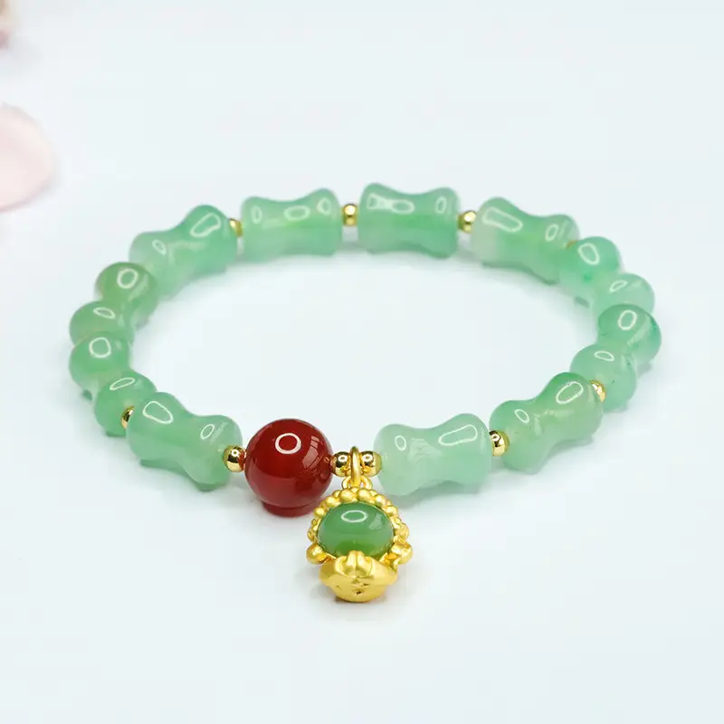 Guan Yu Natural Aventurine Bamboo Knot Bracelet Small Buddha