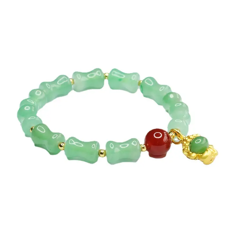 Guan Yu Natural Aventurine Bamboo Knot Bracelet Small Buddha