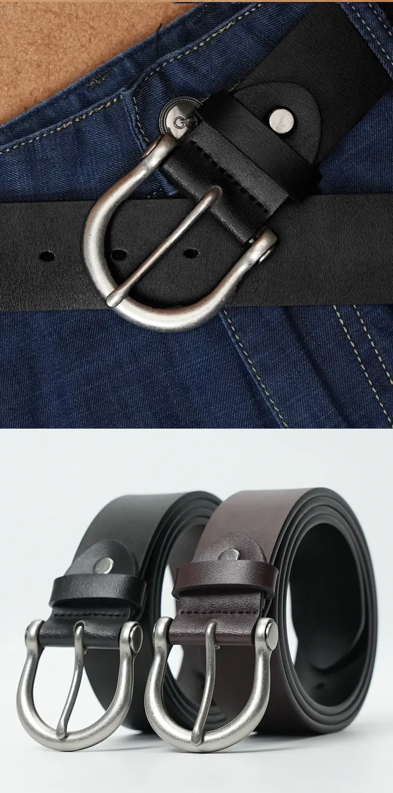 Men's Black Genuine Leather Pin Buckle Belt β feature 13